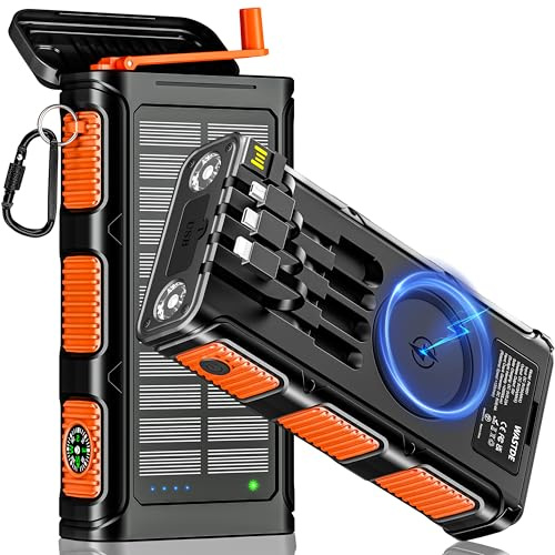 WASTDE Wireless Solar Powerbank 26800mAh mit Handkurbel und 4 Kabel, Solar Ladegerät Power Bank USB-C Schnellladung 7 Ausgänge 4 Eingänge für Handy, Outdoor Wasserdichter Externer Akku für Camping