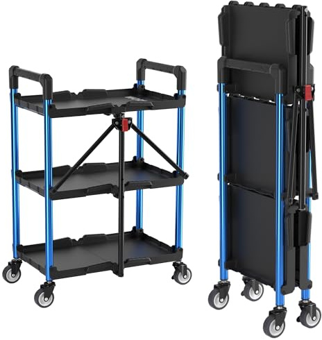 WORKPRO Servierwagen Klappbar mit Rollen, 3 Etagen, Bis zu 96 kg Belastbar | Faltbarer Rollwagen Beistellwagen Küchenwagen Transport Wagen für Werkstatt, Küche, Büro, Picknick