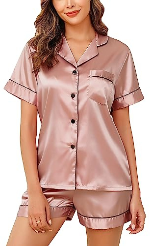 Vlazom Damen Satin Schlafanzug Kurzarm Satin Pyjama Set mit Knopfleiste Zweiteiliger Hausanzug