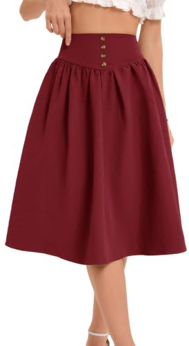Bbonlinedress Rotes Rock Damen a Linie Faltenrock Knielang Röcke Casual Hohe Taille Midirock Basic Tellerrock Swing Freizeitrock Dark Red XL