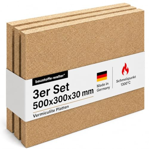 Vermiculite Platten für Kaminofen und Feuerraum, bis 1300 °C, leicht zuschneidbar 500 x 300 mm (3 Platten, 30mm Stärke)