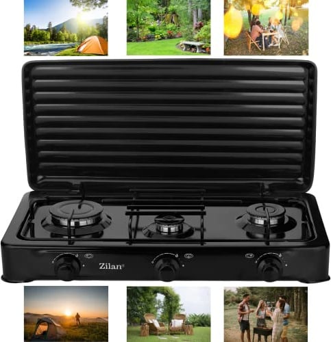 Gaskocher Camping & Outdoor 3-Flammig Gaskochfeld 30-50mbar Gasherdplatte Gas Kochplatte - abnehmbarer Deckel -Campingkocher für Gasflasche