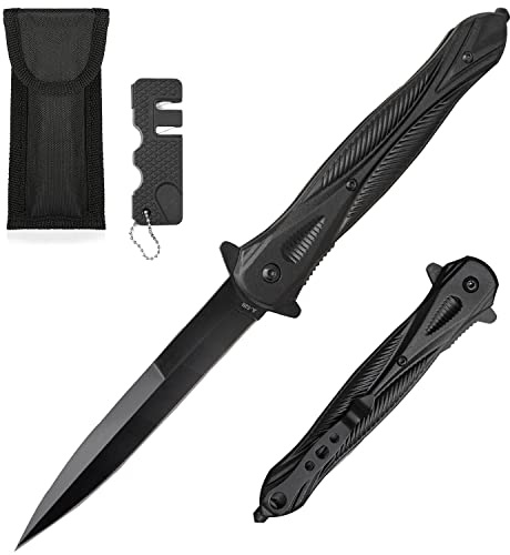 Klappmesser Taschenmesser mit Gürteltasche & Messerschärfer, Scharfer Einhandmesser mit Gürtelclip, Outdoor Schwarz Messer für Camping, Angeln (007FB-2)