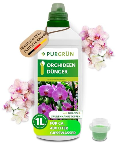 Purgrün® Orchideendünger 1 Liter – Lang anhaltende Blütenpracht dank Guano – Vollspektrum Nährstoffe für gesundes Wachstum – Konzentrat für ca. 400 Liter Gießwasser – Premium-Flüssigdünger