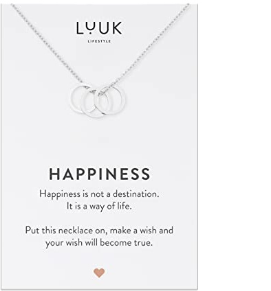 LUUK LIFESTYLE Edelstahl Halskette mit 3 Ringen Anhänger und HAPPINESS Spruchkarte, alltagstaugliches und wasserfestes Modeaccessoire, Silber
