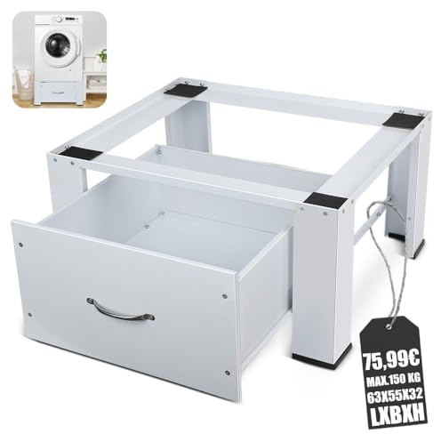 Untergestell für Waschmaschinen Sockel zum Trockner mit Schubladen - 63x54.5x32 cm - bis 150 kg - Stabiler Rutschfesten Podest aus Stahl, Erhöhung Unterbau für Kühlschrank, Rockner, Gefrierschrank