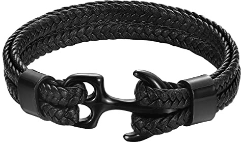 Emibele Herren Armband - Robust Rindsleder Wickelarmband mit Vintage Anker - Schwarz mit Schwarz Anker