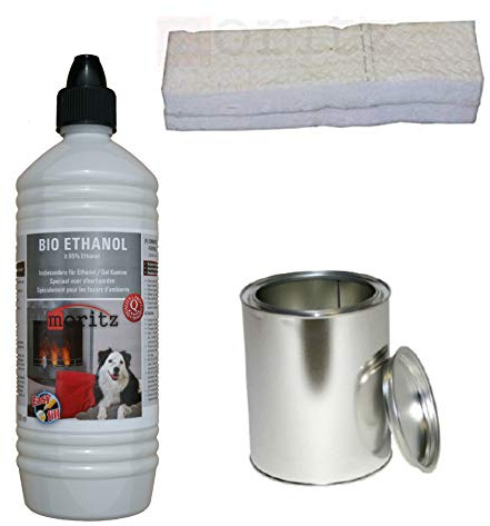 Moritz Starter Set 1 x 1000 ml Bio Ethanol + 1x Blechdose 500 ml mit Deckel + 1x Watte/Keramikwolle für Brenner Kamin Ofen Sicherheitsbrenner Brennpaste