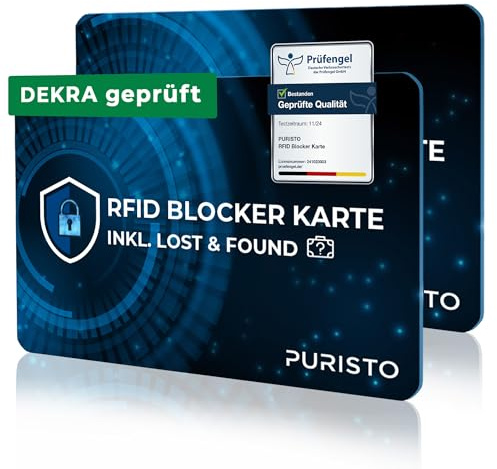 PURISTO® RFID Blocker Karte (2er Set) - DEKRA geprüft - 2in1 inkl. Lost & Found Service - NFC Schutz für Kreditkarten, EC Karten & Ausweise - Ultra-dünner Data Blocker - Portemonnaie RFID-Blocker