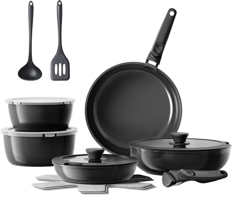 Redchef Topfsets Pfannenset, 16-Teilig mit Abnehmbaren Griffen, Antihaft-Keramik-Kochgeschirr-Set, Pfanne 20+26cm, Tiefe Bratpfanne 26cm, Topf 18+20cm, Stapelbar Topfset Für alle Herdarten, Ofenfest
