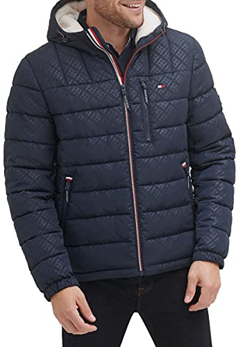 Tommy Hilfiger Herren Midweight Sherpa Lined Hooded Water Resistant Puffer Jacket Mantel, Tommy Logo Tech Navy, XXL