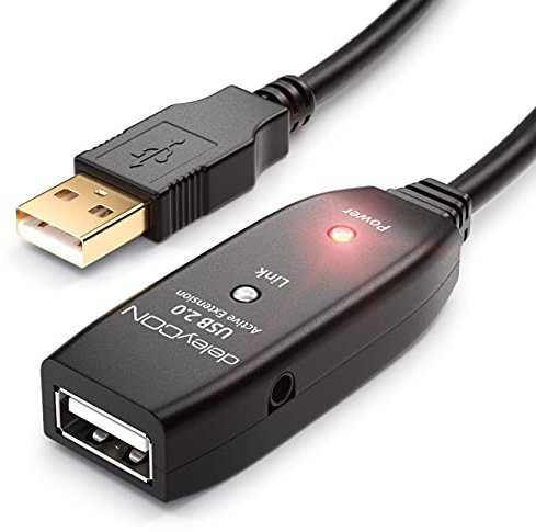 deleyCON 20m USB 2.0 Verlängerungskabel aktiv 2x Signalverstärker | Repeater-Kabel, Extension Cable, USB-A Stecker auf USB-A Buchse - Schwarz