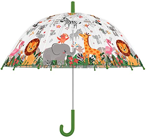 Esschert Design Transparenter Kinder Regenschirm mit bunten Dschungel-Motiven und grünem Griff - Leicht & Sicher, ideal für kleine Entdecker
