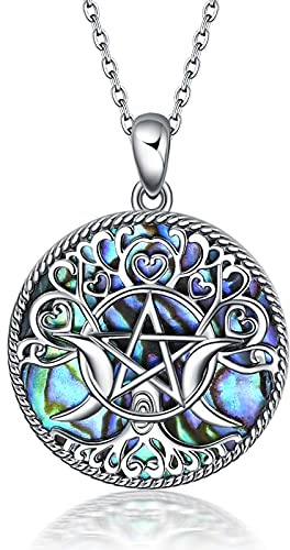 YFN Triple Moon Goddess Halskette Sterling Silber Pentagramm Pentagramm Opal/Türkis Anhänger Halskette Pagan Wiccan Magic Amulett Baum des Lebens Schmuck für Damen Herren 18