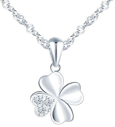 feilok Kette Damen Halskette mit Kleeblatt Zirkonia Vierblättriges Glücksbringer Anhänger aus 925 Sterling silber Halskette für Frauen Mädchen