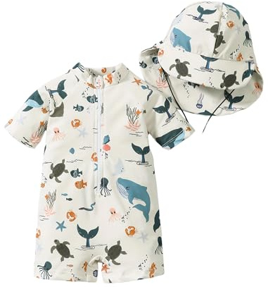 OBEEII Baby Jungen Badeanzug mit Sonnenhut UV Schutz Schwimmanzug Badebekleidung Einteiliger Reißverschluss Kinderbadeanzug Marine Tier Drucken Delphin Octopus 6-12 Monate