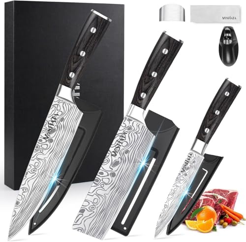MOSFiATA Messerset 3-tlg Scharfe Küchenmesser Set mit Messerschärfer | Kochmesser Set mit 20 cm Kochmesser, 18 cm Nakiri Messer, und 13 cm Allzweckmesser, aus Hochwertigem Edelstahl mit Holzgriff