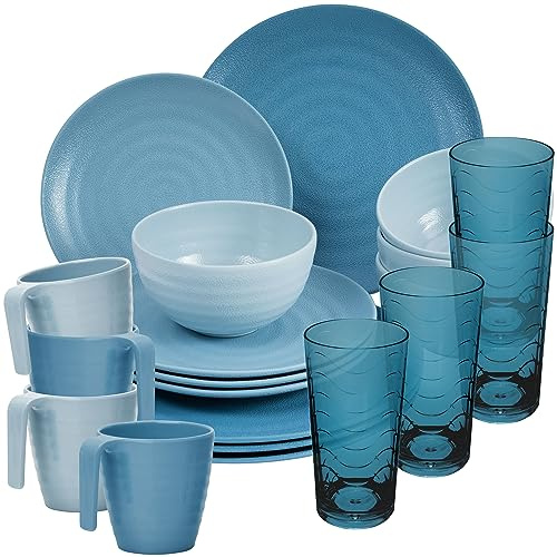 Melamin Geschirr Set 20 Teile elegante Steingut Optik blau 260ml 4 Gläser