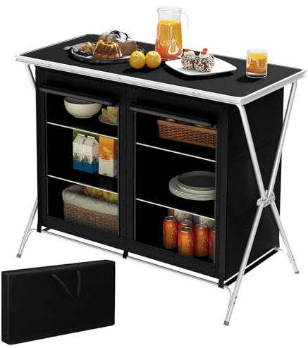 WOLTU Campingschrank faltbar, tragbare Campingküche mit 6 Ablagen 2 Seitentaschen, Outdoor Camping Küche Faltschrank, mit Tragetasche, aus Aluminium, Schwarz