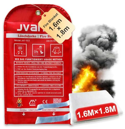 JVANTE Feuerlöschdecke 1.6x1.8m DIN EN 1869:2019 | Extra Große Löschdecke für Küche, Auto, Industrie | Brandschutzdecke mit Aufbewahrungsbox | Einzelstück