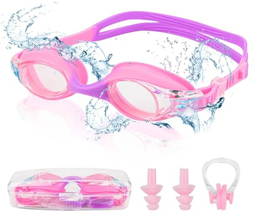 Mezere Schwimmbrille Kinder 3-6 Jahre Taucherbrille Herren Damen Schwimmbrillen Anti-Beschlag UV-Schutz Nasenklammer Schwimmen Swimming Goggles für Jungen & Mädchen (Pink+Purple)