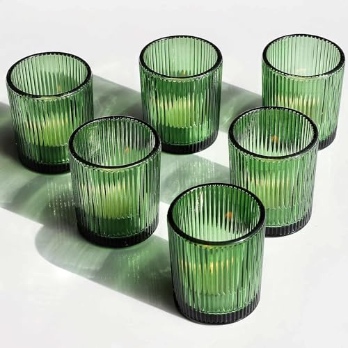 Gerippte Teelichthalter Glas mit 12, grün Teelicht Gläser für Tischaufsätze | Vohocandle grün Teelichtgläser Vintage als grüne vase, Hochzeitsfeiern, Weihnachten, Geburtstagsgeschenk (5.5cm W x 6.5cm H)