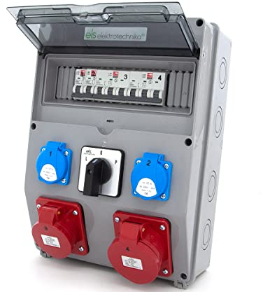 ELS Elektrotechnika 12 Module Stromverteiler Wandverteiler 2x230V Schuko + 2xLS-Schalter, 1xCEE 16A + LS, 1xCEE 32A + LS, mit 32A L-0-P Nockenschalter, verdrahtet, anschlussfertig, für Baustellen IP44
