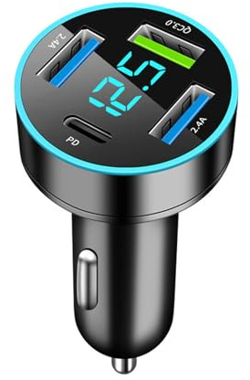Zigarettenanzünder USB, 4-Port USB Zigarettenanzünder Adapter, 50W Auto Ladegerät Splitter QC3.0 Schnellladegerät PD30W 12V, mit LED Voltmeter, für Phone, Pad, Galaxy