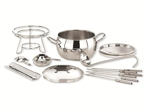 APS Fondue- und Feuerzangenbowle Set, Zuckerzange, Feuerzange, Fondue-Topf, Edelstahldeckel, hochglanzpoliert, Gestell, verchromt, Schöpfkelle, für ca. 2,2 Liter Flüssigkeit, Ø22 cm, 23 cm Höhe