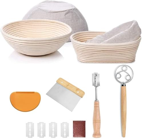 YAANI Gärkörbchen, brot backen zubehör, Set bestehend aus 2 runden und ovalen Banneton-Gärkörben, 22 cm und 25 cm großen Gärkörben, Teigbesen, Brotschneider, Sauerteigbrot, Brotbackwerkzeug-Set