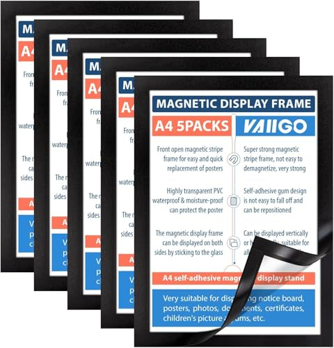 VAIIGO 5 Stück Magnetrahmen A4, Selbstklebend Magnetische Info-Rahmen, Mit Magnetverschluss für Informationsrahmen, Durable Magnetic Frame für Restaurants& Büros & Shops,Schwarz