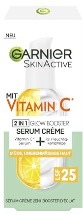 Garnier Serum-Crème gegen müde Haut und dunkle Flecken, 2in1 Tagespflege für mehr Glow und einen ebenmäßigen Teint, Mit Vitamin C, Skin Active, 50 ml