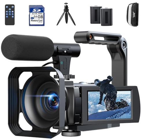 Videokamera Camcorder 5K 56MP Vlogging Kamera für YouTube, WiFi, IR Nachtsicht, 16X Digitalzoom, 270° drehbar Touchscreen, 2 Akkus, 64GB SD Karte, inkl. Fernbedienung, inkl. Mikrofon, Stabilisator
