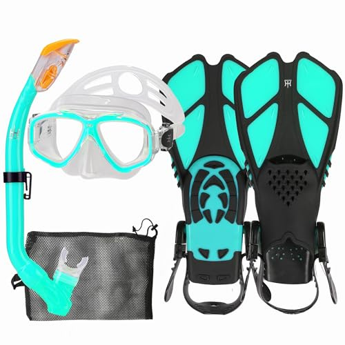 HH HHAO SPORT Schnorchelset Kinder mit Flossen, 180° Panorama Weitblick Taucherbrille Kinder, Verstellbaren Schwimmflossen, Hochwertige Tauchermaske und Dry Top Schnorchel, mit Tragetasche