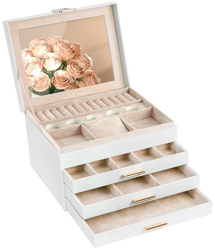 ADEL DREAM Schmuckkästchen Schmuckkasten mit 4 Ebenen Schmuckbox mit Verschluss große Schmuckstücke Schmuckaufbewahrung Geschenke für Damen Töchter und Freunde an Geburtstagen Cremefarben