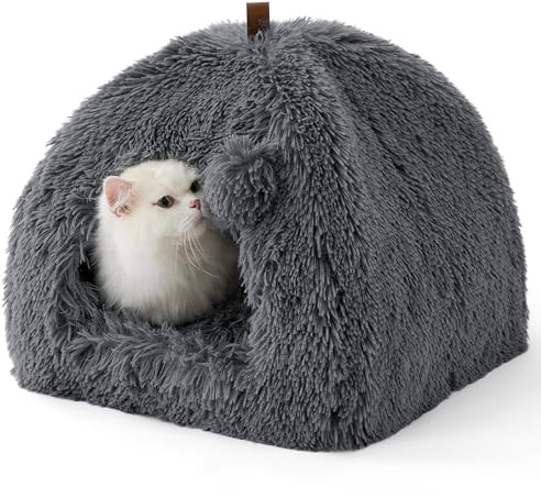 BEDSURE Katzenbett große Katzen Katzenhöhle- 40x40x40 cm Plüsch Katzenhaus Indoor mit abnehmbarem Katzenkissen und hängendem Spielzeug, Katzen Bettchen waschbar, dunkelgrau