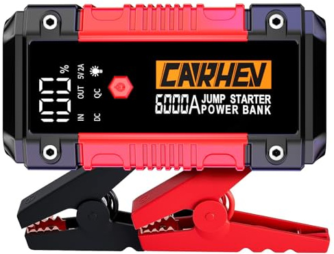 CARHEV Starthilfe Powerbank für pkw, 6000A Spitzenstrom Auto Starthilfe Powerbank, 12V Starter Powerbank(Bis zu 10L Benzin und 10L Diesel) Tragbarer Batterie Booster Jump Starter mit LED Taschenlampe