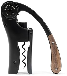 L’ATELIER DU VIN – Oeno Motion Wood & Black – Vertikaler Hebelkorkenzieher - Mattes Metall und massives Walnussholz - Farbe Schwarz