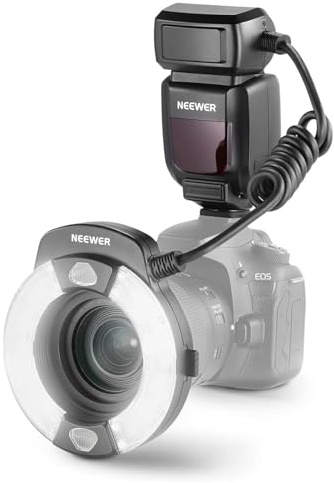 NEEWER RF1-C Makro Ringblitz, kompatibel mit Canon, 76Ws GN15 5600K E-TTL Blitzlicht, 1–1/128 Ausgang, Synchronisation mit vorderem/hinterem Vorhang, Farbfilter, Objektivadapter für Makrofotografie
