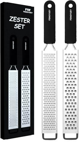 FENGYUEY Zester Reibe [Original] - Käsereibe, Parmesanreibe, Zitronenreibe, Küchenreibe, Muskatreibe | Rutschfester Silikongriff, Edelstahl Klinge mit Schutzhülle, Spülmaschinenfest | 2 Stück, Schwarz