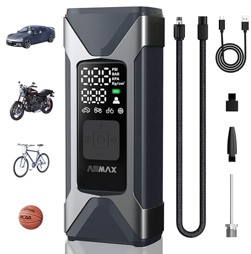 ASMAX T10 Elektrische Luftpumpe 160 PSI/11 Bar, Tragbare Akku Fahrradpumpe | Mit Digitalem Manometer, allen gängigen Ventiladaptern, LED-Licht, Stopp-Automatik, für Fahrrad, Auto, Motorrad, Bälle