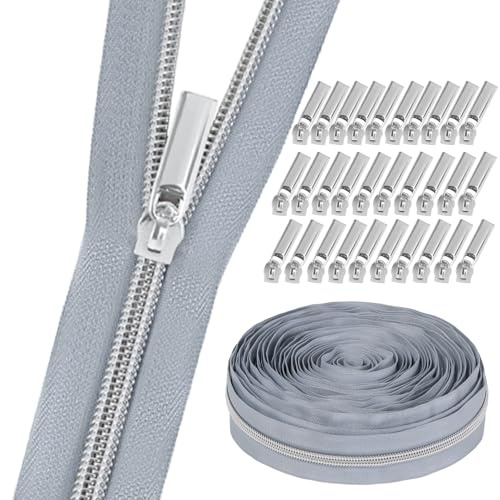 GUBOCA 9 M Reißverschluss,Näh Endlosreißverschluss mit Zipper,mit 30 Stück Reißverschlüsse Zubehör für Taschendekoration (Silber,Grau)