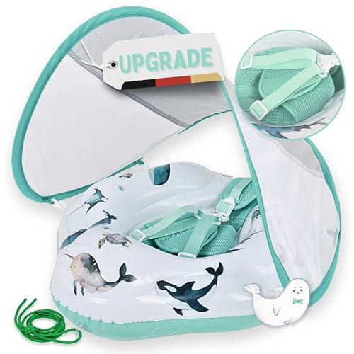 EDWEKIN® Baby Schwimmring 2026 mit Eltern-Zugleine – Mehr Sicherheit & Wasserspaß | TÜV geprüft | Premium Baby Float mit UPF50+ Sonnendach, Netzstoffgurt & handgemalten Motiven | 6–36M| Mitwachsend