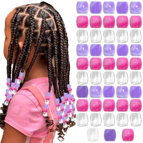 Kotkiddy 48 Stück Rosa Haarperlen Lila Große Perlen für Zöpfe Ponyperlen für Kinder Mädchen Loc Dreadlock Zubehör Cute Zöpfe Dekoration Schmuck Machen Kit