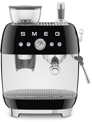 Smeg, EGF03BLEU, manuelle Espressomaschine, mit integrierter Kaffeemühle, Thermoblock, 4 Temperaturstufen, Dampfdüse und Druckmesser, 1-l-Tank, kompakte Größe, 1350 W, Schwarz