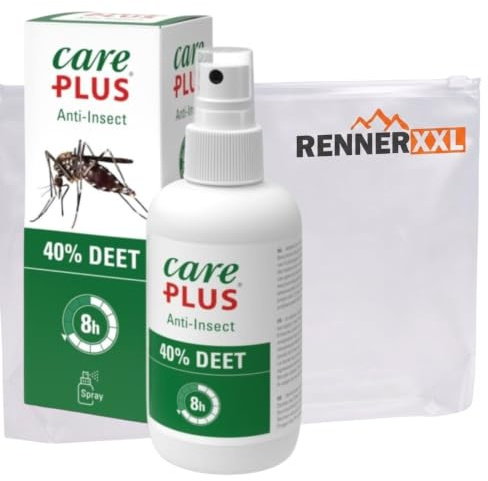 Care Plus Mückenschutz Spray 40% DEET – 200 ml (1 Flasche) – Insektenschutz für Tropen & Europa gegen Mücken, Zecken & Stechfliegen – inkl. Kulturbeutel