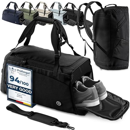 Sporttasche Trainingstasche + Rucksack, Schuhfach, Nassfach | Reisetasche Schwimmtasche Fitnesstasche Sport Gym Fitness Umhängetasche Handgepäck Weekender Bag Reise Tasche Herren Damen | 40 L, Schwarz