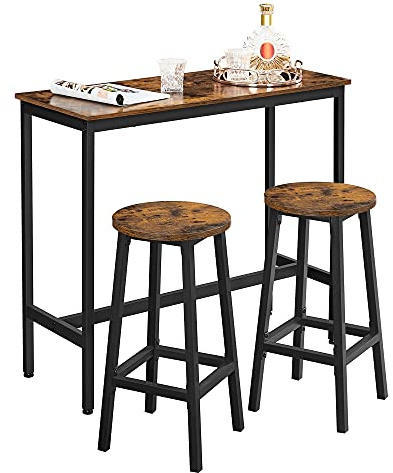 VASAGLE Bartisch mit Barhocker Set, Essgruppe, Stehtisch mit 2 runden Stühlen, Stahlgestell, Industrie-Design, vintagebraun-tintenschwarz LBT219B01