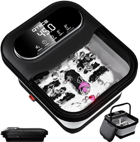 Qtiice Touchscreen Faltbare Fußbad und Massagegerät mit Heizung, Fußbadewanne, Fußbad mit Wärme und Blasen, Temperaturregelung, Massage-Rollen, Vibration, Pediküre-Stein, Griffe - Schwarz