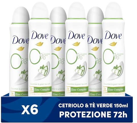 Dove Deodorant Spray Advanced Care 0% Go Fresh Gurke, ohne Alkohol und Aluminiumsalze, feuchtigkeitsspendende und sanfte Formel, trockene Haut bis zu 48 Stunden, Deodorant für Damen und Herren, 6